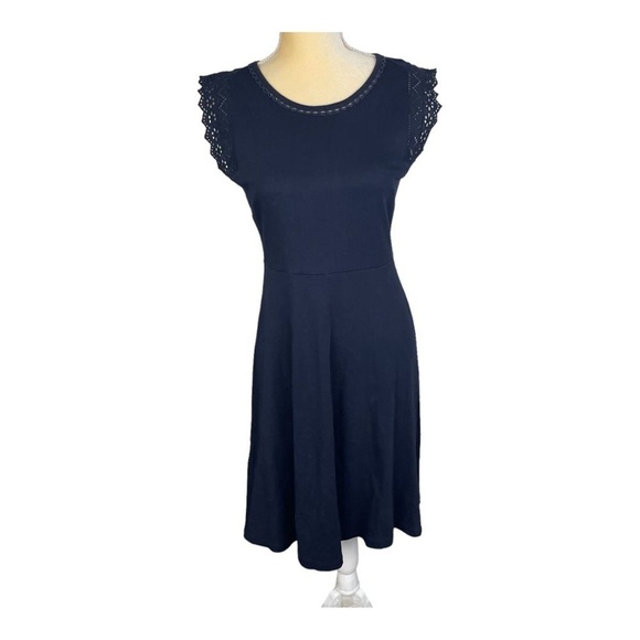 Talbots‎ Navy Round Neck Dress Cotton Eyelet Knit Flutter Sleeve Fit & Flare S - Picture 1 of 12